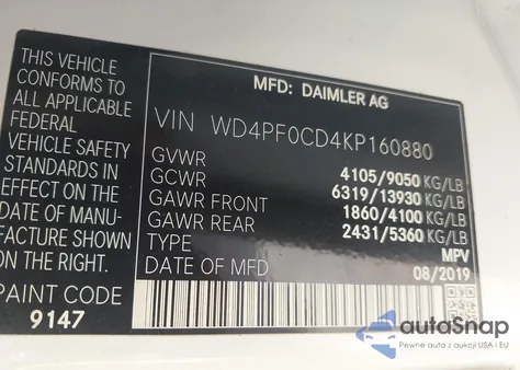 2019 Mercedes-Benz Sprinter 2500 Standard Roof V6 from USA, damaged, VIN WD4PF0CD4KP160880